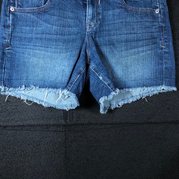 Express Womens Shorts Blue Denim Mid Rise Cotton Blend Cut Off Stretch 8 - Picture 3 of 11
